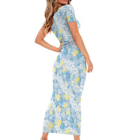Anthurium Plumeria Lei Pastel Family Matching Short Sleeve Bodycon Dress and Hawaiian Shirt Blue Hawaiian Splendid Palaka