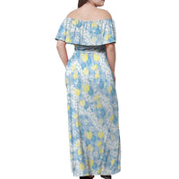 Anthurium Plumeria Lei Pastel Off Shoulder Maxi Dress Blue Hawaiian Splendid Palaka