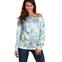 Anthurium Plumeria Lei Pastel Off Shoulder Sweater Blue Hawaiian Splendid Palaka LT01 Women Blue - Polynesian Pride