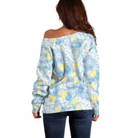 Anthurium Plumeria Lei Pastel Off Shoulder Sweater Blue Hawaiian Splendid Palaka LT01 - Polynesian Pride
