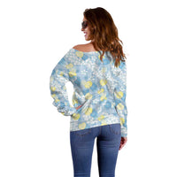 Anthurium Plumeria Lei Pastel Off Shoulder Sweater Blue Hawaiian Splendid Palaka LT01 - Polynesian Pride