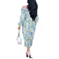 Anthurium Plumeria Lei Pastel Off The Shoulder Long Sleeve Dress Blue Hawaiian Splendid Palaka LT01 - Polynesian Pride