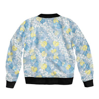 Anthurium Plumeria Lei Pastel Sleeve Zip Bomber Jacket Blue Hawaiian Splendid Palaka LT01 - Polynesian Pride