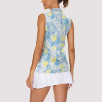 Anthurium Plumeria Lei Pastel Women Sleeveless Polo Shirt Blue Hawaiian Splendid Palaka