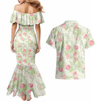 Anthurium Plumeria Lei Pastel Couples Matching Mermaid Dress and Hawaiian Shirt Green Hawaiian Splendid Palaka