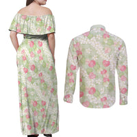 Anthurium Plumeria Lei Pastel Couples Matching Off Shoulder Maxi Dress and Long Sleeve Button Shirt Green Hawaiian Splendid Palaka