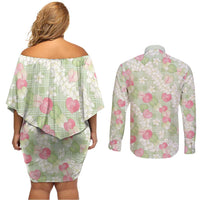 Anthurium Plumeria Lei Pastel Couples Matching Off Shoulder Short Dress and Long Sleeve Button Shirt Green Hawaiian Splendid Palaka
