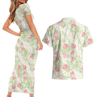 Anthurium Plumeria Lei Pastel Couples Matching Short Sleeve Bodycon Dress and Hawaiian Shirt Green Hawaiian Splendid Palaka