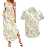 Anthurium Plumeria Lei Pastel Couples Matching Summer Maxi Dress and Hawaiian Shirt Green Hawaiian Splendid Palaka