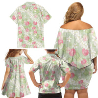 Anthurium Plumeria Lei Pastel Family Matching Off Shoulder Short Dress and Hawaiian Shirt Green Hawaiian Splendid Palaka