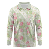 Anthurium Plumeria Lei Pastel Long Sleeve Polo Shirt Green Hawaiian Splendid Palaka