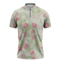 Anthurium Plumeria Lei Pastel Zipper Polo Shirt Green Hawaiian Splendid Palaka LT01 Green - Polynesian Pride