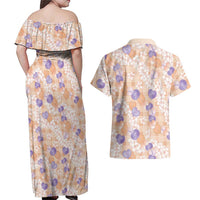 Anthurium Plumeria Lei Pastel Couples Matching Off Shoulder Maxi Dress and Hawaiian Shirt Orange Hawaiian Splendid Palaka