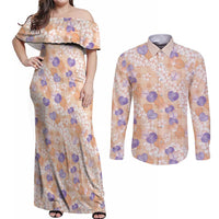 Anthurium Plumeria Lei Pastel Couples Matching Off Shoulder Maxi Dress and Long Sleeve Button Shirt Orange Hawaiian Splendid Palaka