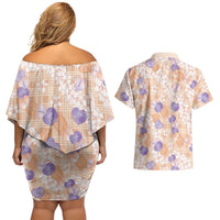 Anthurium Plumeria Lei Pastel Couples Matching Off Shoulder Short Dress and Hawaiian Shirt Orange Hawaiian Splendid Palaka