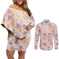 Anthurium Plumeria Lei Pastel Couples Matching Off Shoulder Short Dress and Long Sleeve Button Shirt Orange Hawaiian Splendid Palaka