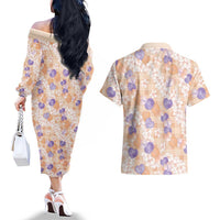 Anthurium Plumeria Lei Pastel Couples Matching Off The Shoulder Long Sleeve Dress and Hawaiian Shirt Orange Hawaiian Splendid Palaka