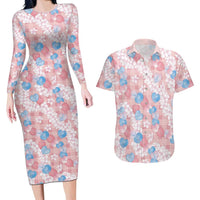 Anthurium Plumeria Lei Pastel Couples Matching Long Sleeve Bodycon Dress and Hawaiian Shirt Pink Hawaiian Splendid Palaka