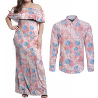Anthurium Plumeria Lei Pastel Couples Matching Off Shoulder Maxi Dress and Long Sleeve Button Shirt Pink Hawaiian Splendid Palaka