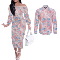 Anthurium Plumeria Lei Pastel Couples Matching Off The Shoulder Long Sleeve Dress and Long Sleeve Button Shirt Pink Hawaiian Splendid Palaka