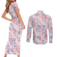 Anthurium Plumeria Lei Pastel Couples Matching Short Sleeve Bodycon Dress and Long Sleeve Button Shirt Pink Hawaiian Splendid Palaka