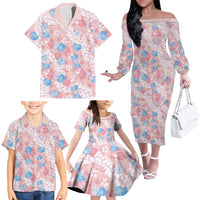 Anthurium Plumeria Lei Pastel Family Matching Off The Shoulder Long Sleeve Dress and Hawaiian Shirt Pink Hawaiian Splendid Palaka