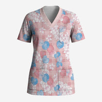 Anthurium Plumeria Lei Pastel Scrub Top Pink Hawaiian Splendid Palaka LT01 Adult Pink - Polynesian Pride
