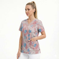 Anthurium Plumeria Lei Pastel Scrub Top Pink Hawaiian Splendid Palaka LT01 - Polynesian Pride
