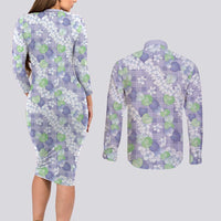 Anthurium Plumeria Lei Pastel Couples Matching Long Sleeve Bodycon Dress and Long Sleeve Button Shirt Purple Hawaiian Splendid Palaka