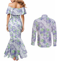 Anthurium Plumeria Lei Pastel Couples Matching Mermaid Dress and Long Sleeve Button Shirt Purple Hawaiian Splendid Palaka