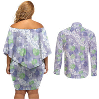 Anthurium Plumeria Lei Pastel Couples Matching Off Shoulder Short Dress and Long Sleeve Button Shirt Purple Hawaiian Splendid Palaka