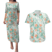 Anthurium Plumeria Lei Pastel Couples Matching Puletasi and Hawaiian Shirt Teal Hawaiian Splendid Palaka