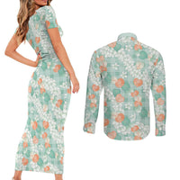 Anthurium Plumeria Lei Pastel Couples Matching Short Sleeve Bodycon Dress and Long Sleeve Button Shirt Teal Hawaiian Splendid Palaka