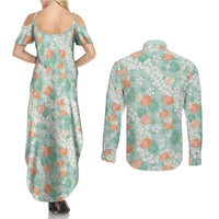 Anthurium Plumeria Lei Pastel Couples Matching Summer Maxi Dress and Long Sleeve Button Shirt Teal Hawaiian Splendid Palaka