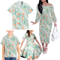 Anthurium Plumeria Lei Pastel Family Matching Off The Shoulder Long Sleeve Dress and Hawaiian Shirt Teal Hawaiian Splendid Palaka
