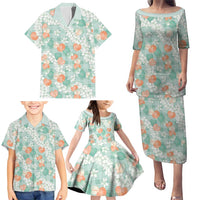Anthurium Plumeria Lei Pastel Family Matching Puletasi and Hawaiian Shirt Teal Hawaiian Splendid Palaka
