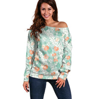 Anthurium Plumeria Lei Pastel Off Shoulder Sweater Teal Hawaiian Splendid Palaka LT01 Women Teal - Polynesian Pride