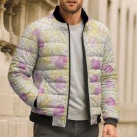 Anthurium Plumeria Lei Pastel Bomber Puffer Jacket Yellow Hawaiian Splendid Palaka