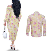 Anthurium Plumeria Lei Pastel Couples Matching Off The Shoulder Long Sleeve Dress and Long Sleeve Button Shirt Yellow Hawaiian Splendid Palaka