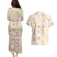 Anthurium Plumeria Lei Pastel Couples Matching Puletasi and Hawaiian Shirt Yellow Hawaiian Splendid Palaka