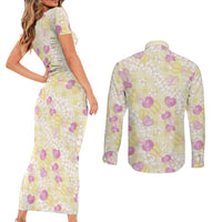 Anthurium Plumeria Lei Pastel Couples Matching Short Sleeve Bodycon Dress and Long Sleeve Button Shirt Yellow Hawaiian Splendid Palaka