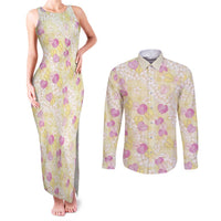 Anthurium Plumeria Lei Pastel Couples Matching Tank Maxi Dress and Long Sleeve Button Shirt Yellow Hawaiian Splendid Palaka