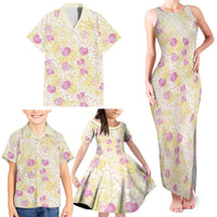 Anthurium Plumeria Lei Pastel Family Matching Tank Maxi Dress and Hawaiian Shirt Yellow Hawaiian Splendid Palaka