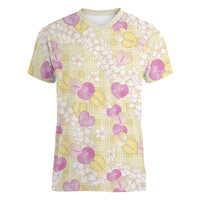 Anthurium Plumeria Lei Pastel Women V-Neck T-Shirt Yellow Hawaiian Splendid Palaka