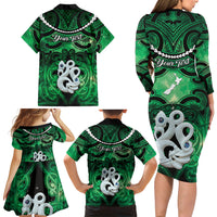 Personalised Maori Matariki Manaia Kakariki Family Matching Long Sleeve Bodycon Dress and Hawaiian Shirt Maori Kowhaiwhai Pattern Galaxy