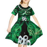Personalised Maori Matariki Manaia Kakariki Kid Short Sleeve Dress Maori Kowhaiwhai Pattern Galaxy LT01 - Polynesian Pride