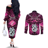Personalised Maori Matariki Manaia Mawhero Couples Matching Off The Shoulder Long Sleeve Dress and Long Sleeve Button Shirt Maori Kowhaiwhai Pattern Galaxy