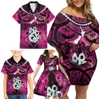 Personalised Maori Matariki Manaia Mawhero Family Matching Off Shoulder Short Dress and Hawaiian Shirt Maori Kowhaiwhai Pattern Galaxy