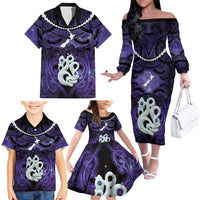 Personalised Maori Matariki Manaia Waiporoporo Family Matching Off The Shoulder Long Sleeve Dress and Hawaiian Shirt Maori Kowhaiwhai Pattern Galaxy
