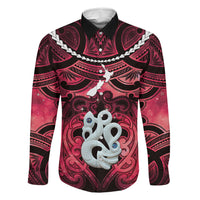 Personalised Maori Matariki Manaia Whero Family Matching Mermaid Dress and Hawaiian Shirt Maori Kowhaiwhai Pattern Galaxy LT01 Dad's Shirt - Long Sleeve Red - Polynesian Pride